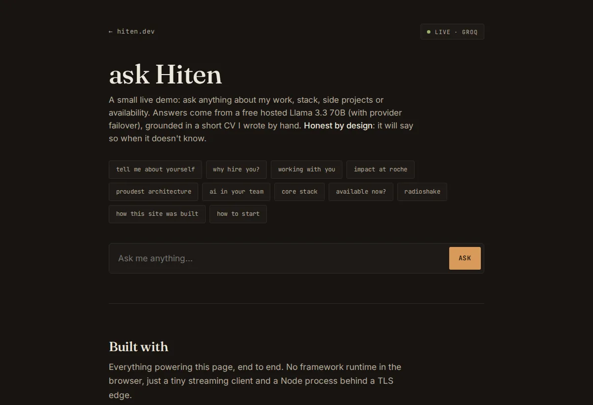 ask.hiten.dev streaming CV chat interface