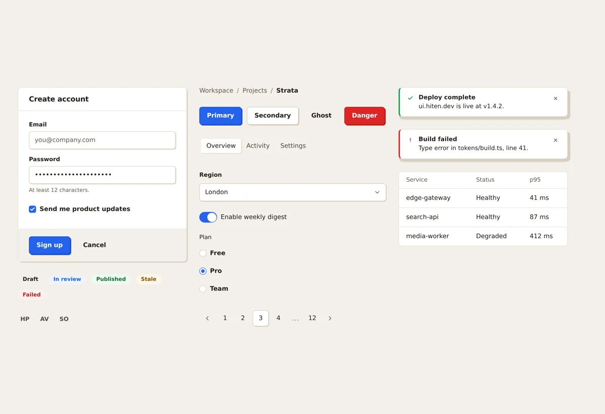 Strata components under the Sediment skin: sign-up card, buttons, tabs and toasts in a warm palette with solid offset shadows