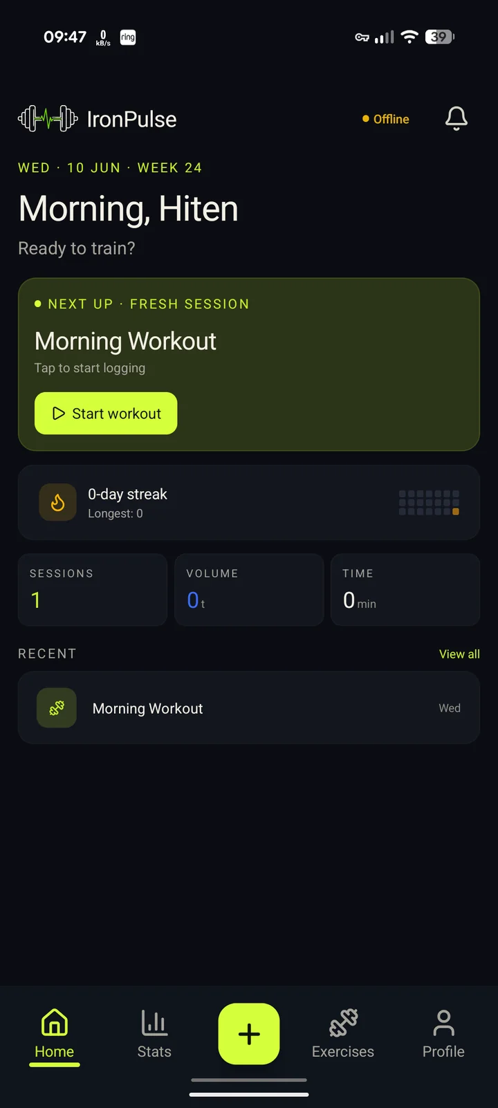 IronPulse home: week 24 greeting, next planned session with a Start workout call to action, streak block, and weekly sessions / volume / time counters.