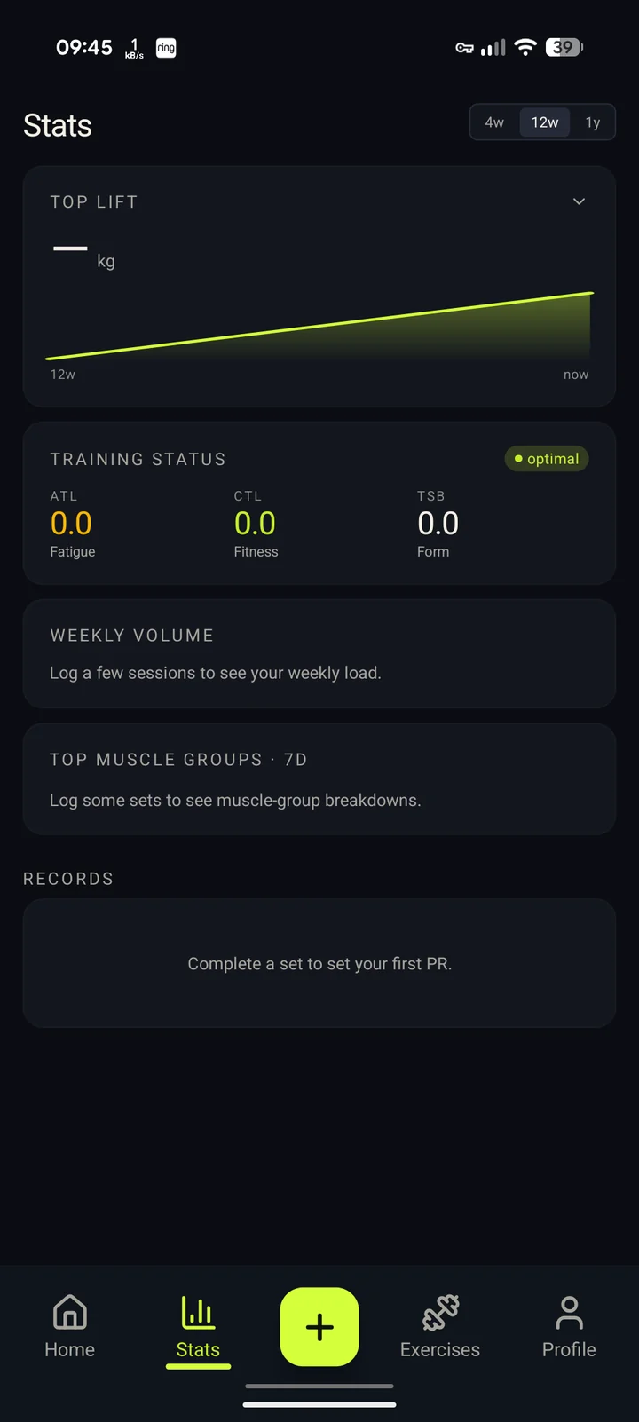 IronPulse stats: top-lift trend chart, training-status block with Fatigue, Fitness and Form (ATL, CTL, TSB), weekly volume and top muscle groups, plus PR records.