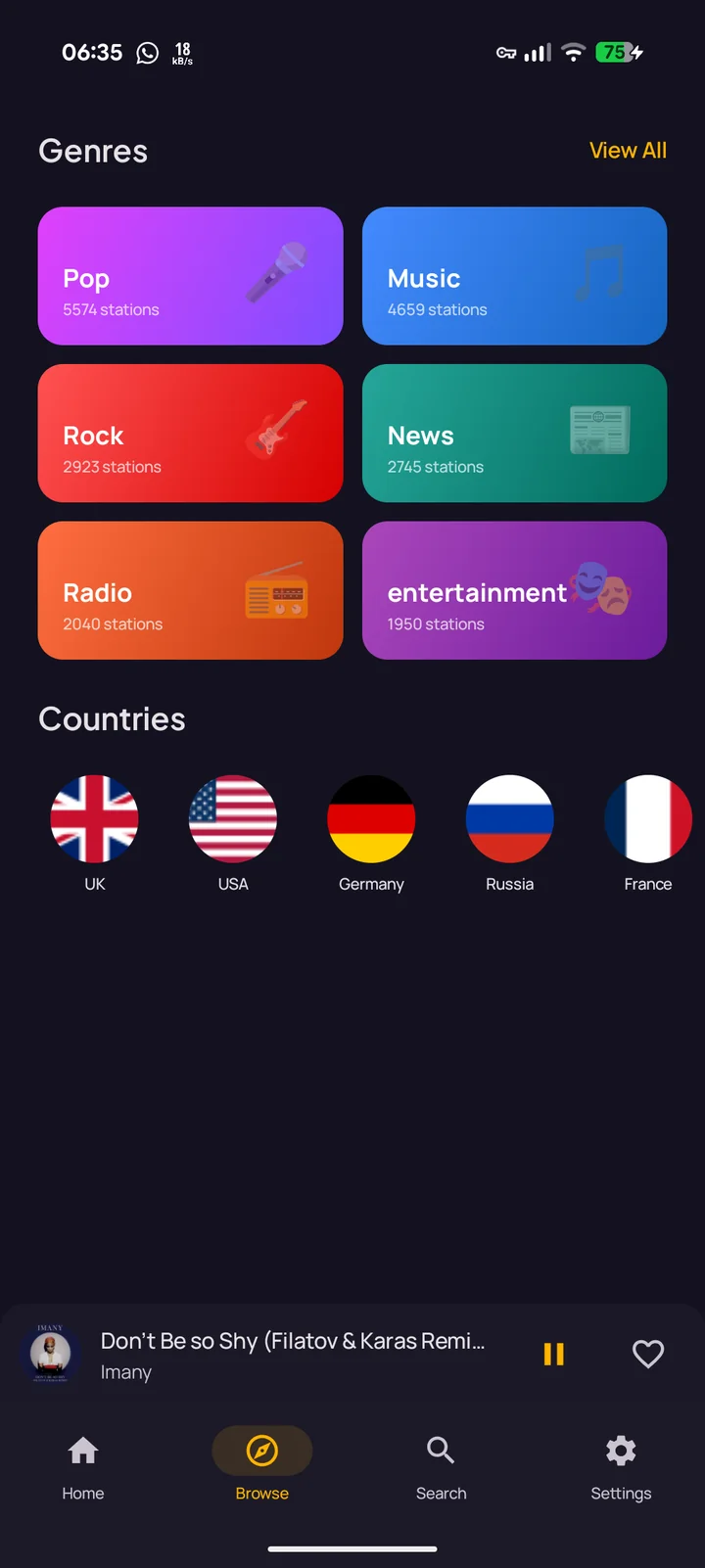 RadioShake browse: genres, countries and popular stations laid out for one-tap navigation, designed for Android Auto parity.