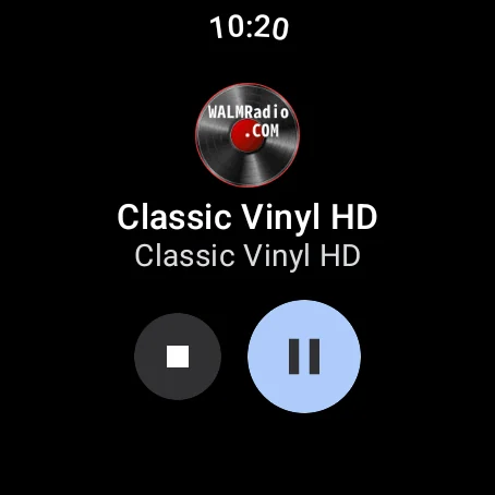 RadioShake on Wear OS: circular watch face showing station name, current track, and play/pause button.