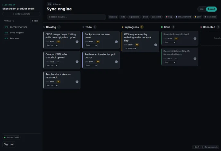 Slipstream board view: Backlog, Todo, In progress, Done and Cancelled columns with draggable issue cards.