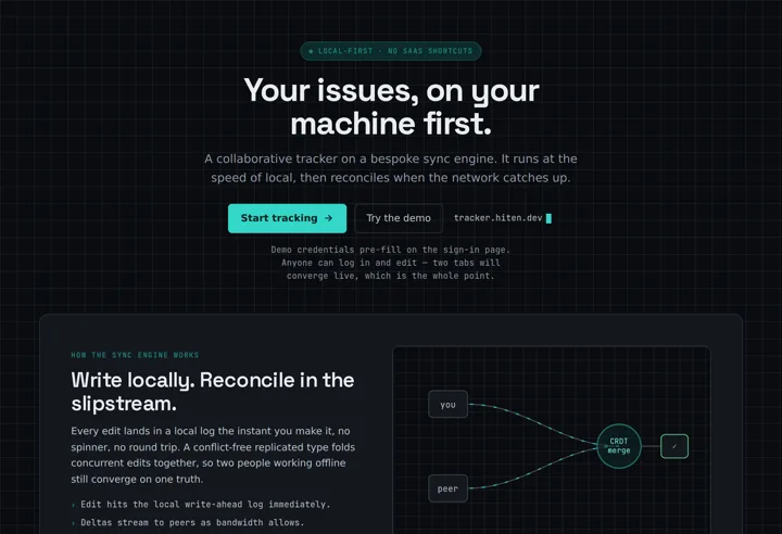 Slipstream landing page: local-first issue tracking headline with a one-click demo sign-in.