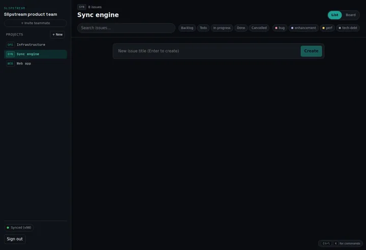 Slipstream issue list for the Sync engine project: prioritised issues with keys, statuses and a Synced indicator in the sidebar.