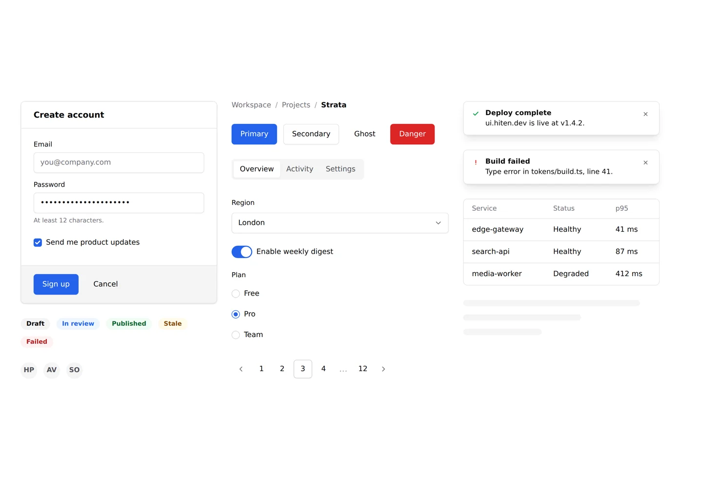 Strata components in the neutral light baseline: a sign-up card, buttons, tabs with a form, badges, toasts and a data table.