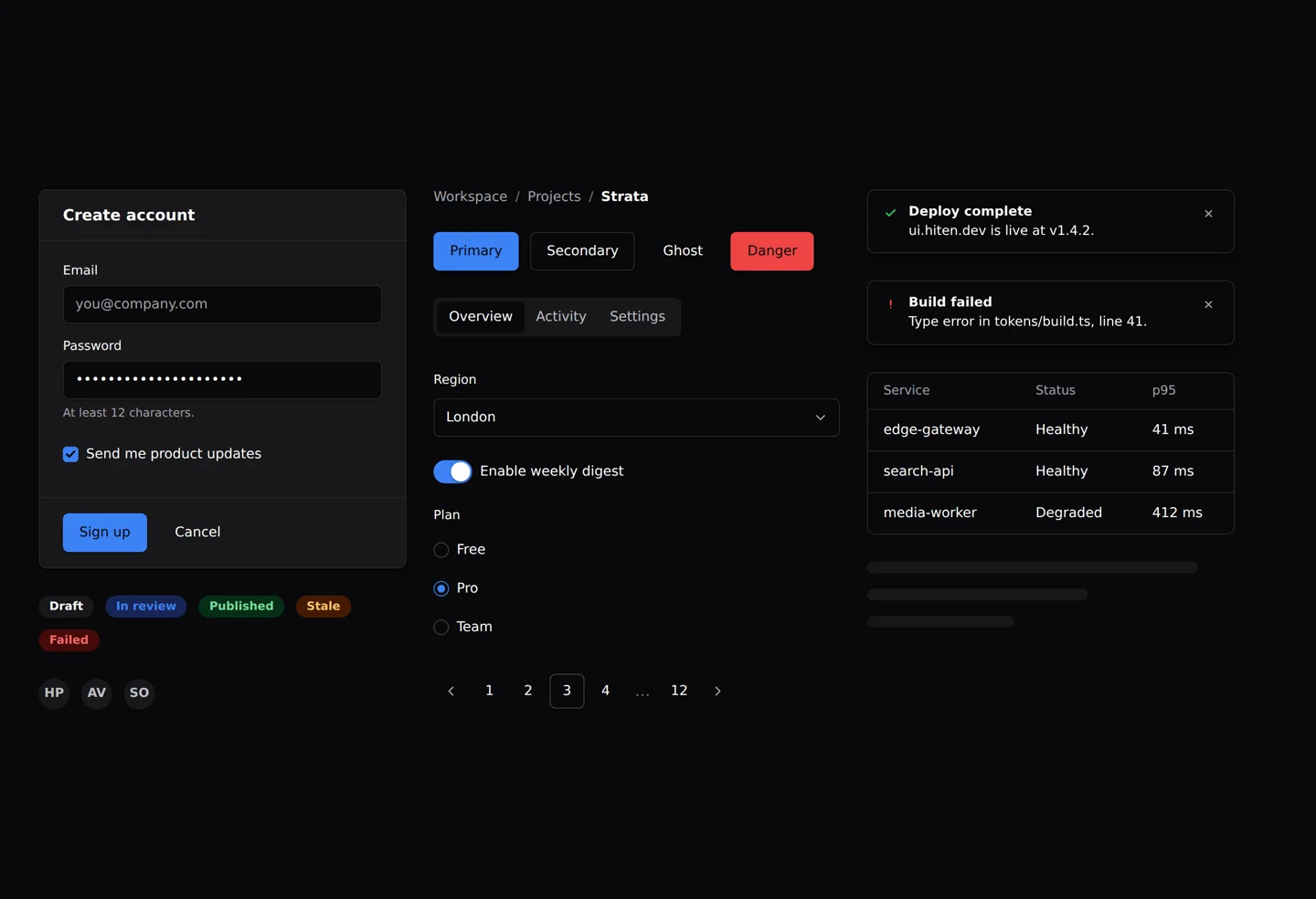 The same Strata components in dark mode: near-black canvas with the full component set re-coloured by token remaps.